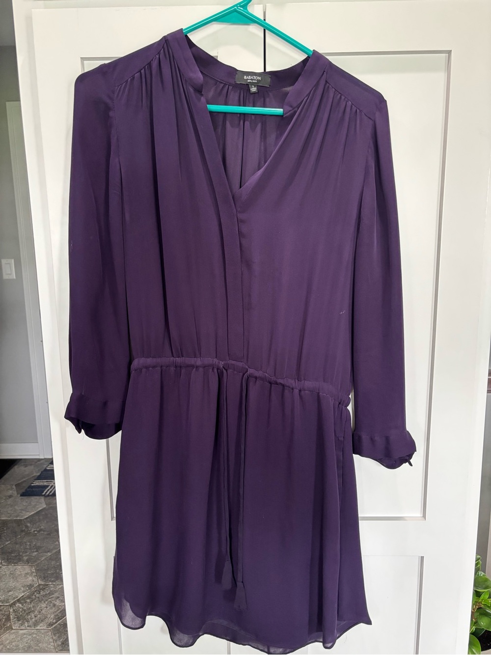 Babaton Purple Long-Sleeve V-Neck Tie-Waist Dress